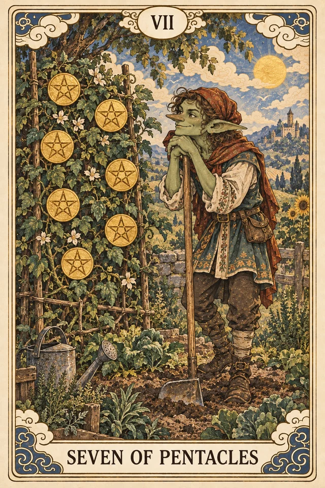 The Seven of Pentacles tarot card