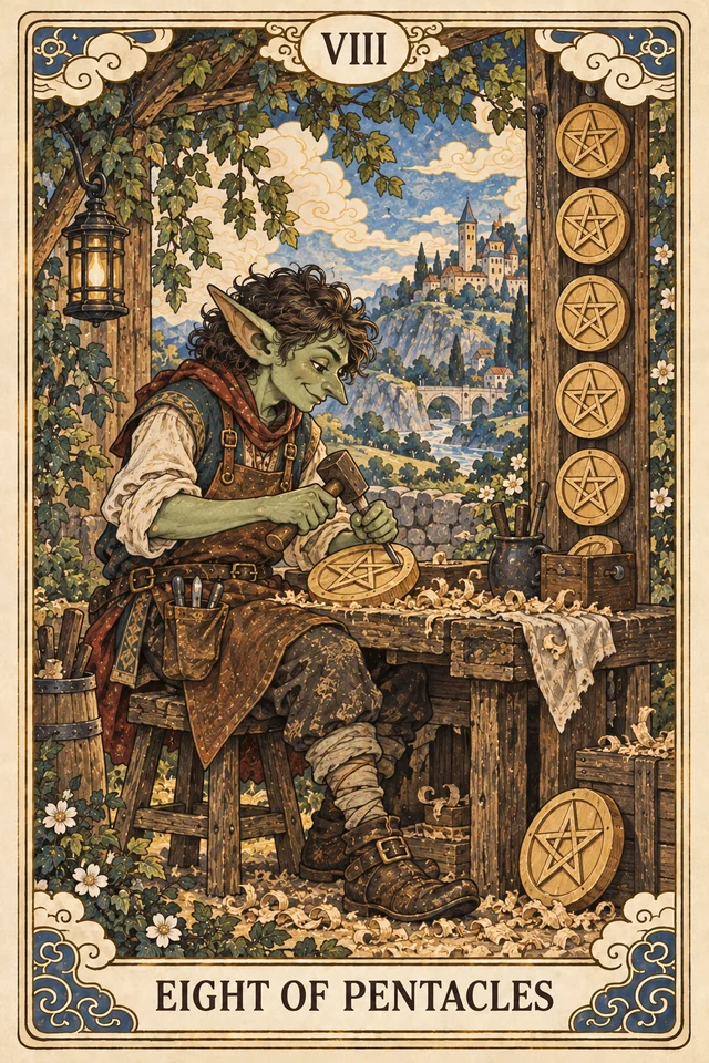 The Eight of Pentacles tarot card