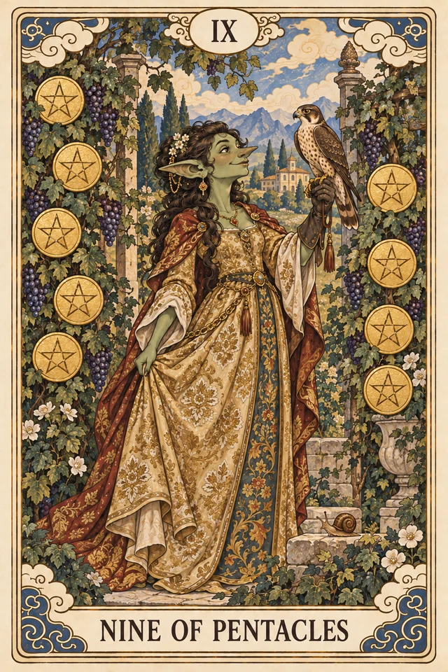 The Nine of Pentacles tarot card