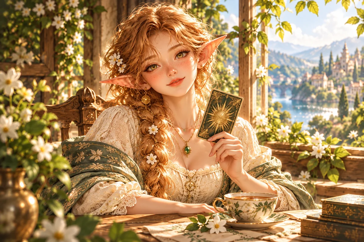 A goblin holding a tarot card at a sunny table