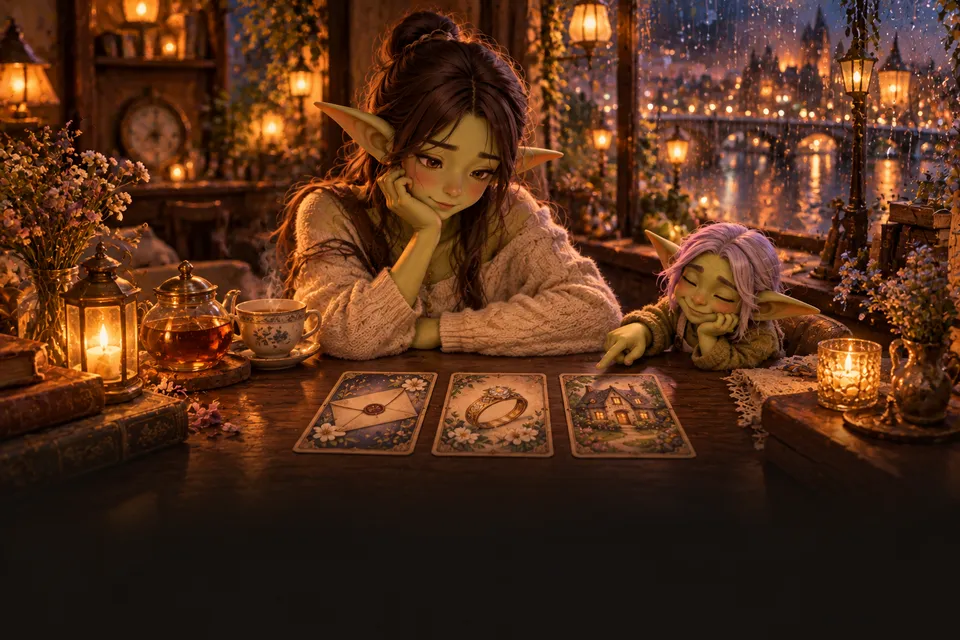 비 오는 찻집에서 그림 카드 세 장을 보는 고블린